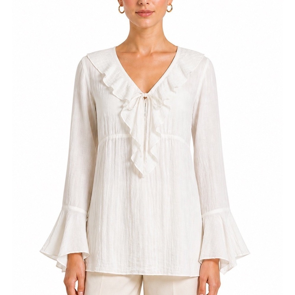 Orchid White Cotton Gauze Bell Sleeve Ruffle V-Neck Tunic Top Fair Whimsical M/L